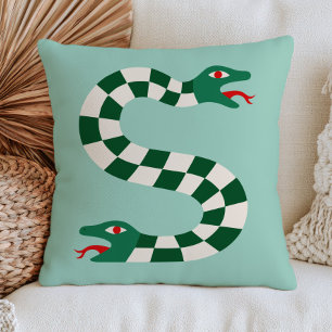 Two-Headed Snake in Green Checkered Pattern Funky Throw Pillow