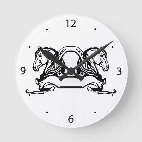 two heads of horses and horseshoe round clock