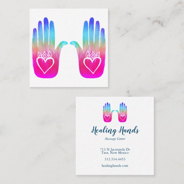 Two Healing Hands Heart Hamsa Colorful Customized  Square Business Card (Front/Back)