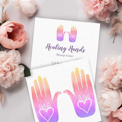 Two Healing Hands Heart Hamsa Colorful Customized  Square Business Card