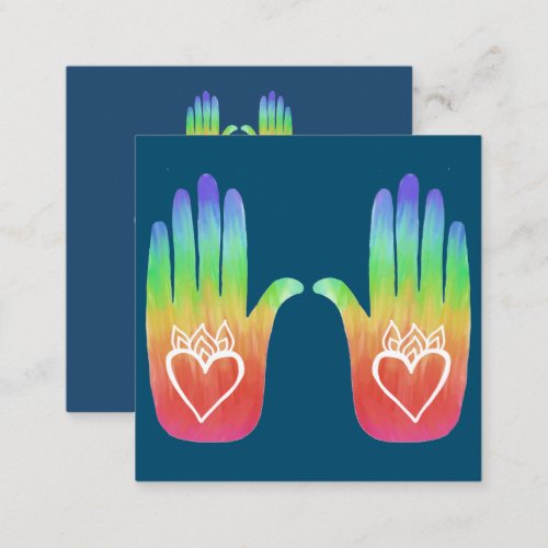 Two Healing Hands Hearts Hamsa Rainbow Customize   Square Business Card