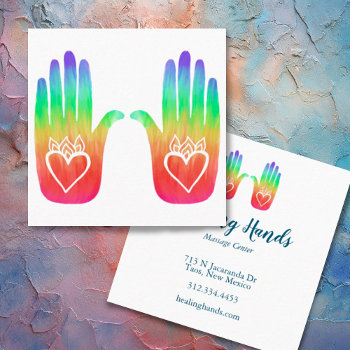 Two Healing Hands Hearts Hamsa Rainbow Customized Square Business Card by ShoshannahScribbles at Zazzle