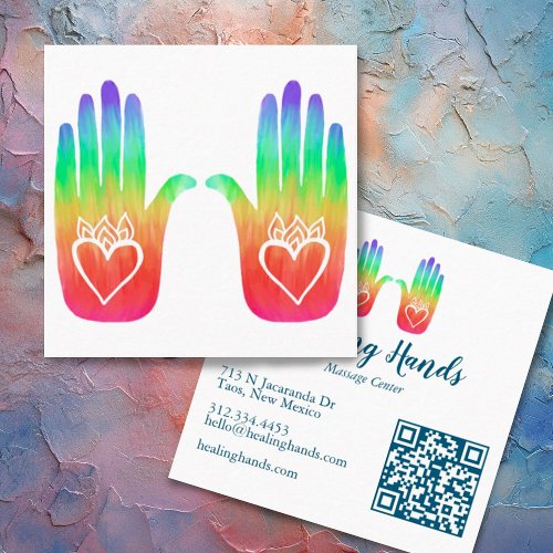 Two Healing Hands Hearts Hamsa Rainbow QR Code Square Business Card