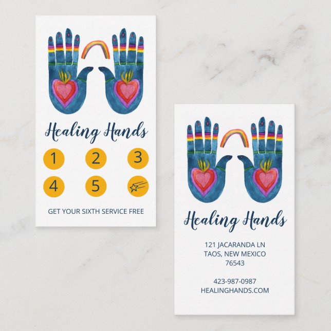 Two Healing Hands Rainbow Watercolor 5 Loyalty Card (Front/Back)