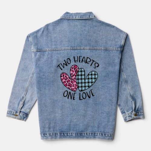 Two Heart One Love Happy Valentines Day Leopard  Denim Jacket