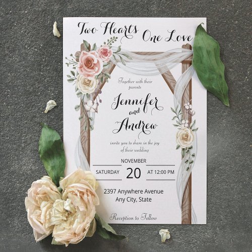 Two Heart One Love Rustic Arbor Roses Wedding Invitation