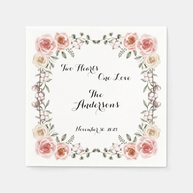 Two Heart One Love Rustic Arbor Roses Wedding Napkins (Front)