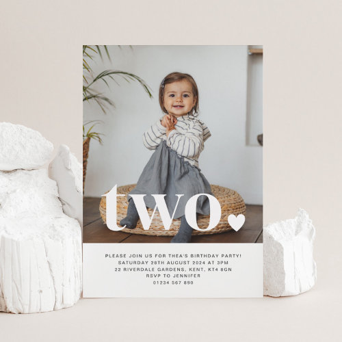 Two Heart Photo First Birthday Invitation 