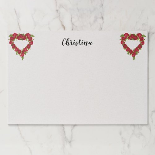 Two Heart Shaped Wreaths or Red Roses Leaves White Paper Pad