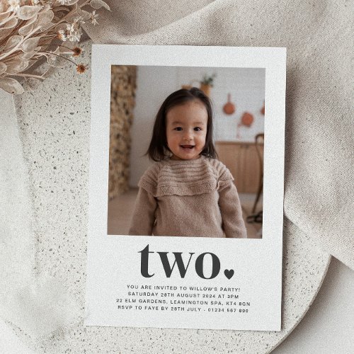 Two Heart Square Photo First Birthday Invitation