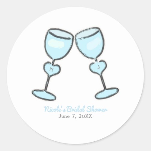 Two Heart Wine Glasses Bridal Shower Engagement Classic Round Sticker