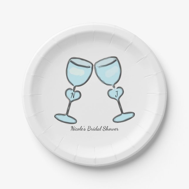 Two Heart Wine Glasses Bridal Shower Engagement Paper Plates (Front)