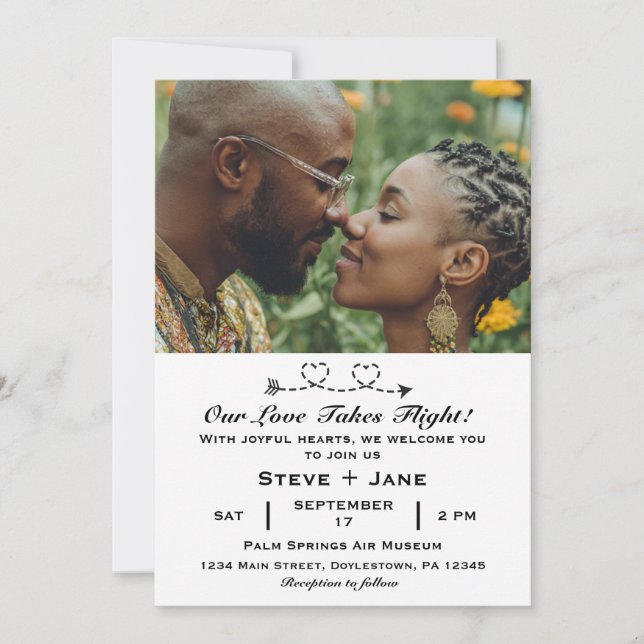 Two Hearts and Arrow Modern Simple Travel Wedding Invitation (Front)
