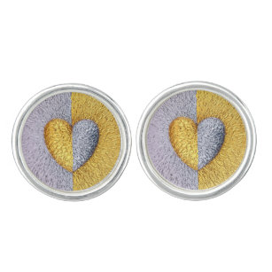 Two Hearts as One Gold Round Cufflinks Silver Tone