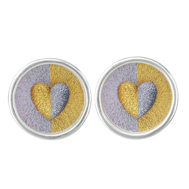 Two Hearts as One Gold Round Cufflinks Silver Tone (Front)