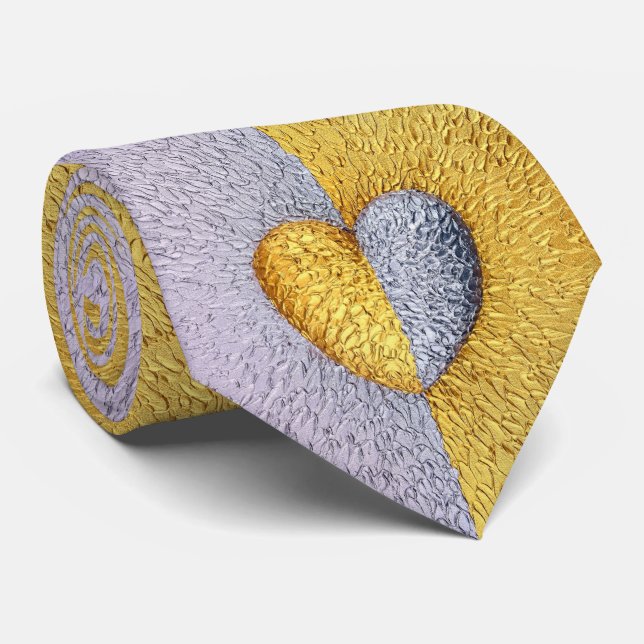 Two Hearts as One Gold Silver Wedding  Neck Tie (Rolled)