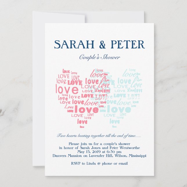Two Hearts Beating Together/Sweet Couples Shower Invitation (Front)
