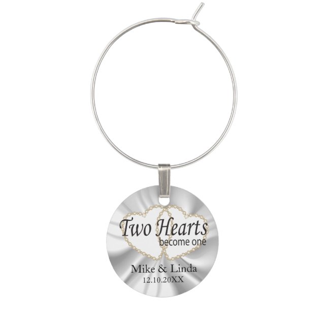 Two Hearts Become One in White Satin Wine Charm (Front)