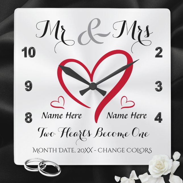 Two Hearts Become One Mr and Mrs Wedding Gifts Square Wall Clock (Mr & Mrs clock. Mr and Mrs bridal shower gifts. Mrs and Mrs personalised wedding gifts. Clock.)