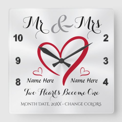 Two Hearts Become One Mr and Mrs Wedding Gifts Square Wall Clock