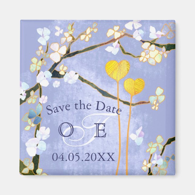 Two Hearts Blue Wedding Save the Date Magnet (Front)