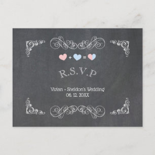 Two Hearts Chalkboard Wedding RSVP Invitation Postcard
