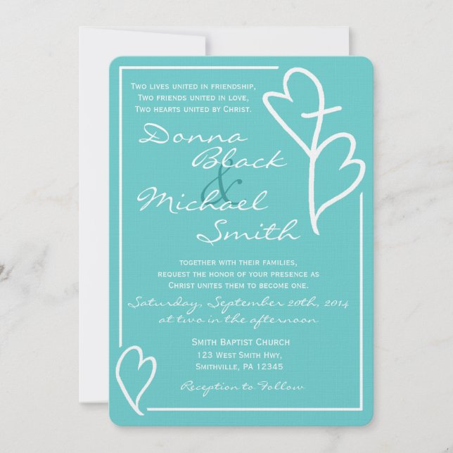 Two Hearts Cross Religious Wedding Invitations (Front)