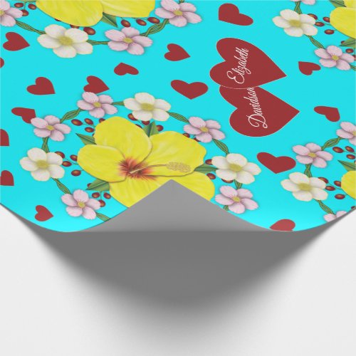 Two Hearts in Bloom YHibiscus blue Wrapping Paper