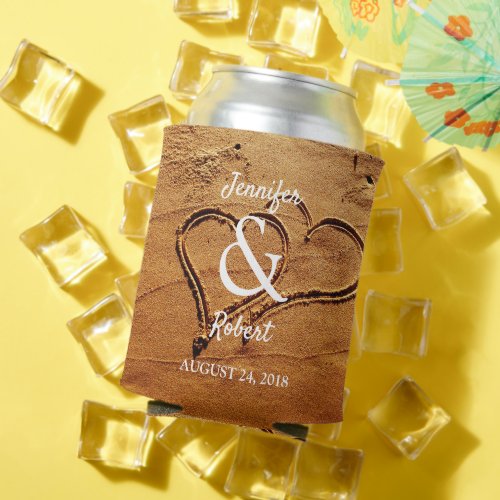 Two hearts in sand bride groom beach wedding can cooler