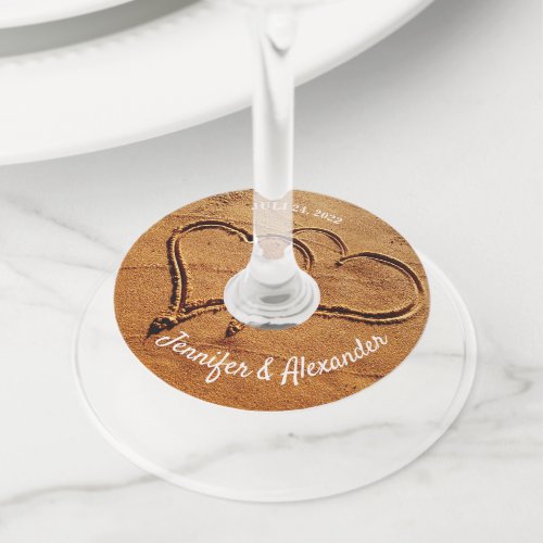 Two hearts in sand  bride groom beach wedding wine glass tag