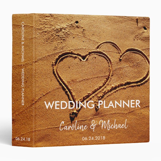 Two hearts in sand personal Beach Wedding planner 3 Ring Binder (Front/Spine)
