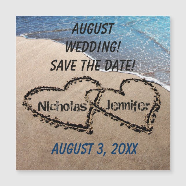 Two Hearts In Sand Save The Date Magnetic Card (Front)