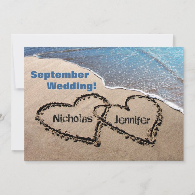 Two Hearts In Sand Summer Beach Wedding Invitation (Front)