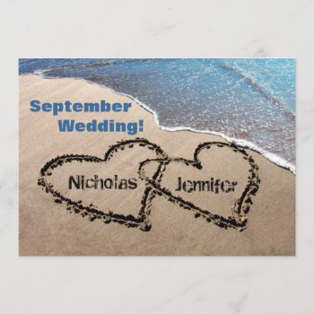 Two Hearts In Sand Summer Beach Wedding Invitation by mvdesigns at Zazzle