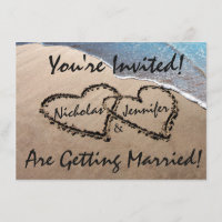 Two Hearts In The Sand Beach Wedding Invitation