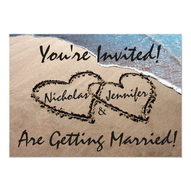 Two Hearts In The Sand Beach Wedding Invitation