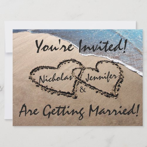 Two Hearts In The Sand Beach Wedding Invitation