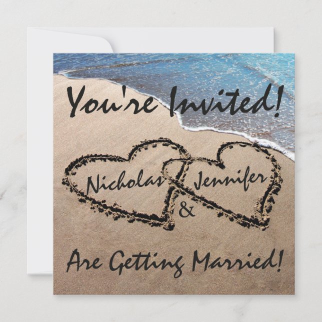 Two Hearts In The Sand Beach Wedding Invitation (Front)