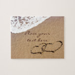 Two Hearts In The Sand Jigsaw Puzzle<br><div class="desc">Two romantic hearts drawn in the sand. This image is perfect for wedding, anniversary, honeymoon, valentine's day, and any love related occasion. You can easily personalize it by adding your text for a unique personalised birthday message. For further customization click CUSTOMIZE to adjust the text size, position, colour or font....</div>