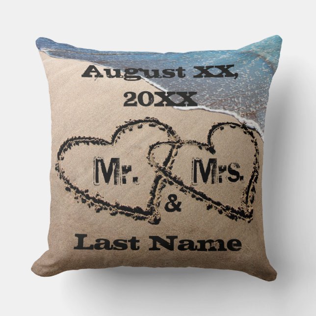 Two Hearts In The Sand Mr. & Mrs. Wedding Pillow (Front)