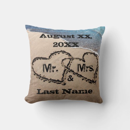 Two Hearts In The Sand Mr  Mrs Wedding Pillow