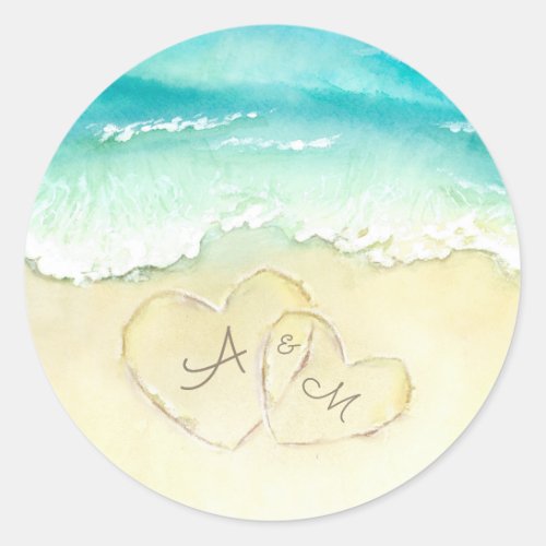 Two Hearts in the Shoreline Tropical Beach Wedding Classic Round Sticker