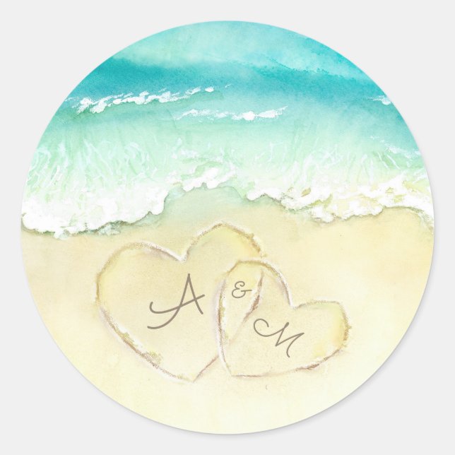 Two Hearts in the Shoreline Tropical Beach Wedding Classic Round Sticker (Front)