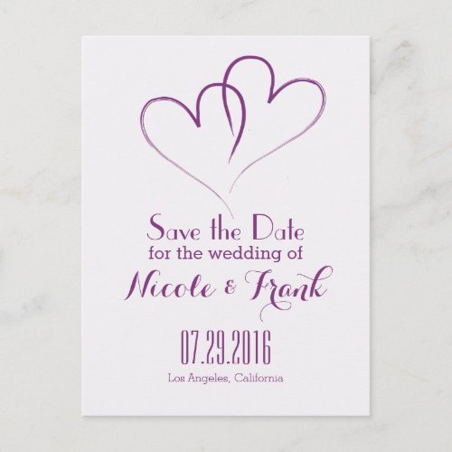 Two Hearts intertwined Save the Date _Purple Announcement Postcard