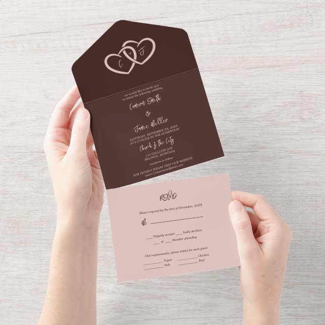 Two Hearts Intertwined with Initials Siena & Pale  All In One Invitation (Tearaway)