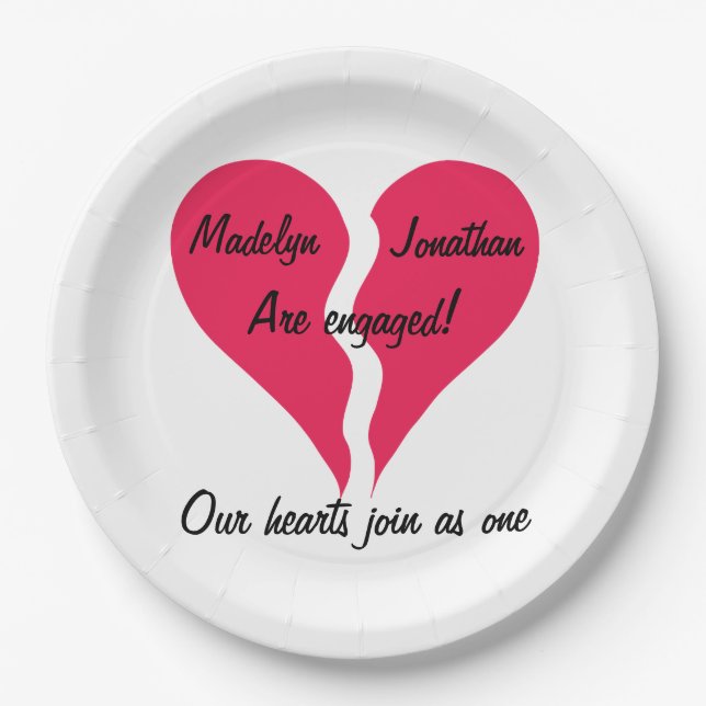 Two Hearts Join as One Name Personalized Engaged Paper Plates (Front)