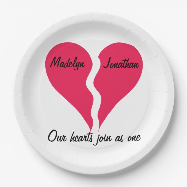 Two Hearts Join as One Name Personalized Valentine Paper Plates (Front)