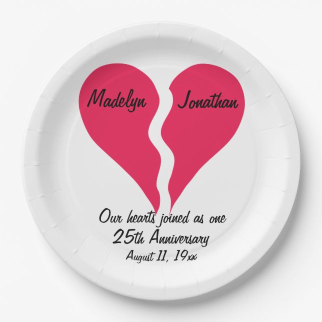 Two Hearts Joined Anniversary Name Personalized Paper Plates (Front)