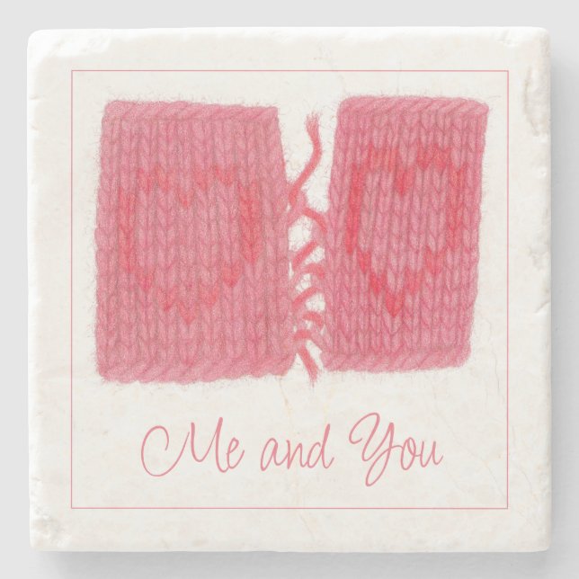 TWO HEARTS KNIT Marble Stone Coaster + Text (Front)