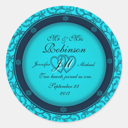 Two Hearts Monogram Blue Glowing Classic Round Sticker